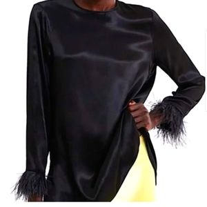 ZARA Black Satin Effect Blouse Feather Trim Sleeves